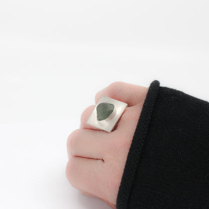 green statement ring in 925 sterling silver set with green sea glass from the French Riviera