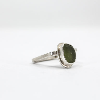 modern simple silver ring with authentic green sea glass in 925 eco sterling silver