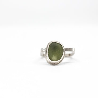 modern simple silver ring with authentic green sea glass in 925 eco sterling silver