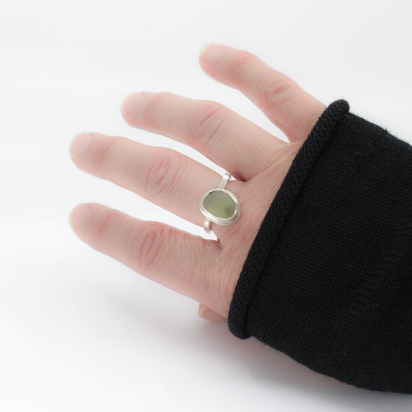 modern simple silver ring with authentic green sea glass in 925 eco sterling silver