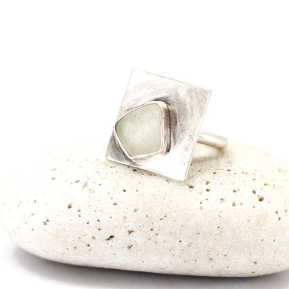 pale grey green sea glass statement ring in 925 eco sterling silver, handmade sabine werner jewellery