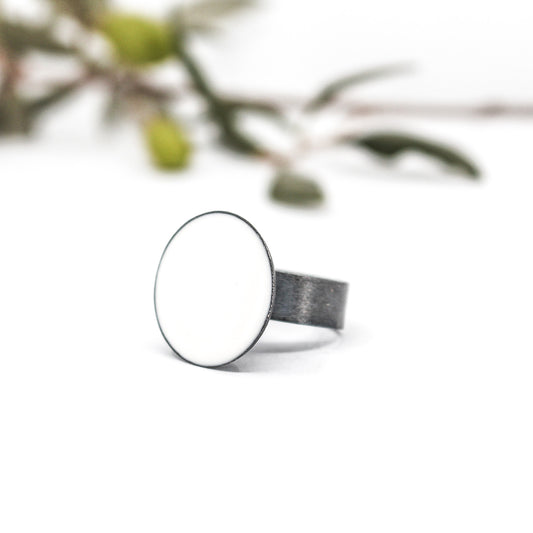 white statement ring with resin in oxidised 925 eco sterling silver, sabine werner jewellery 