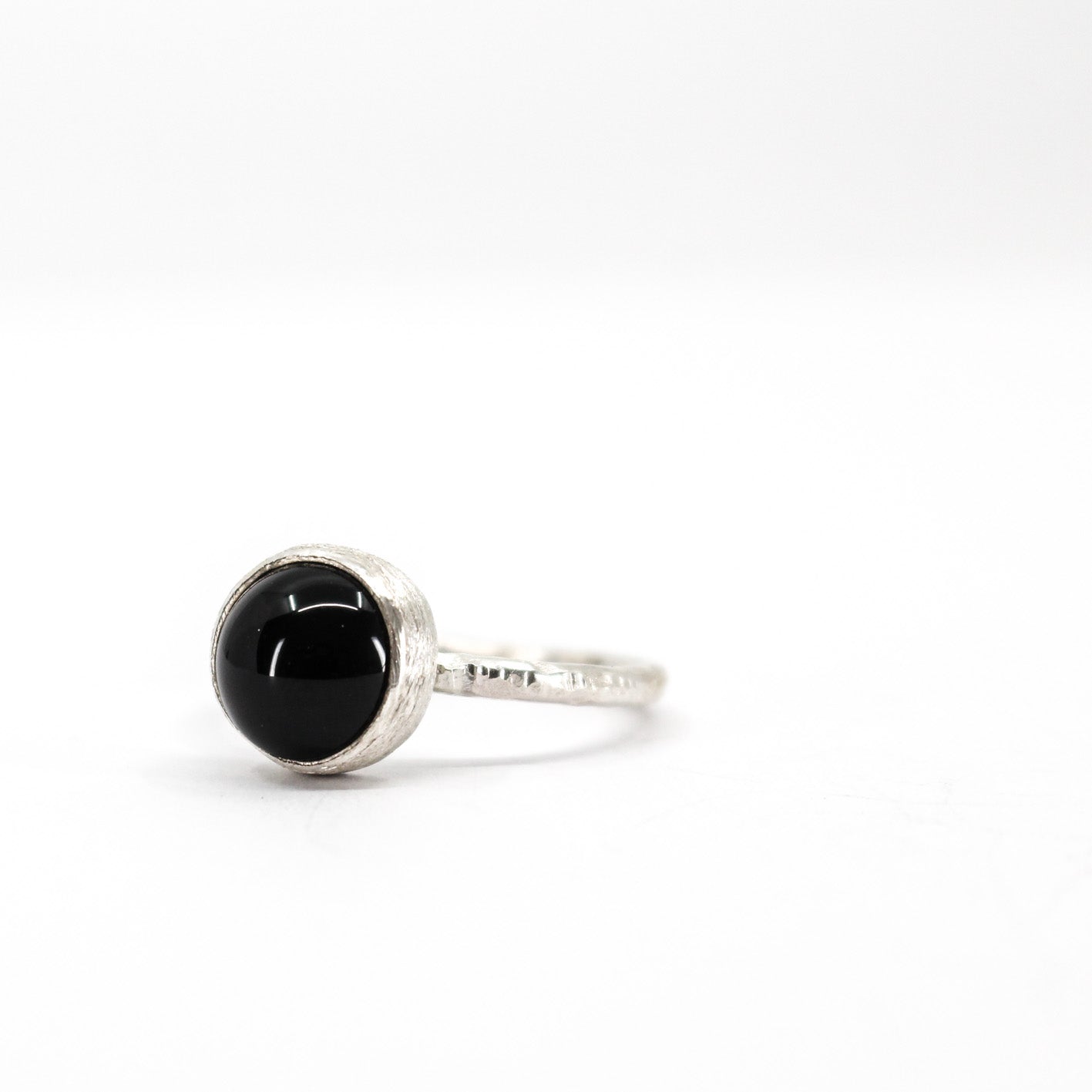 black onyx silver ring with textured round 925 eco sterling silver band, sabine Werner jewellery 7