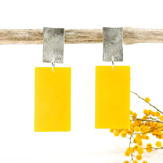 big yellow silver drop earrings • geometric earrings