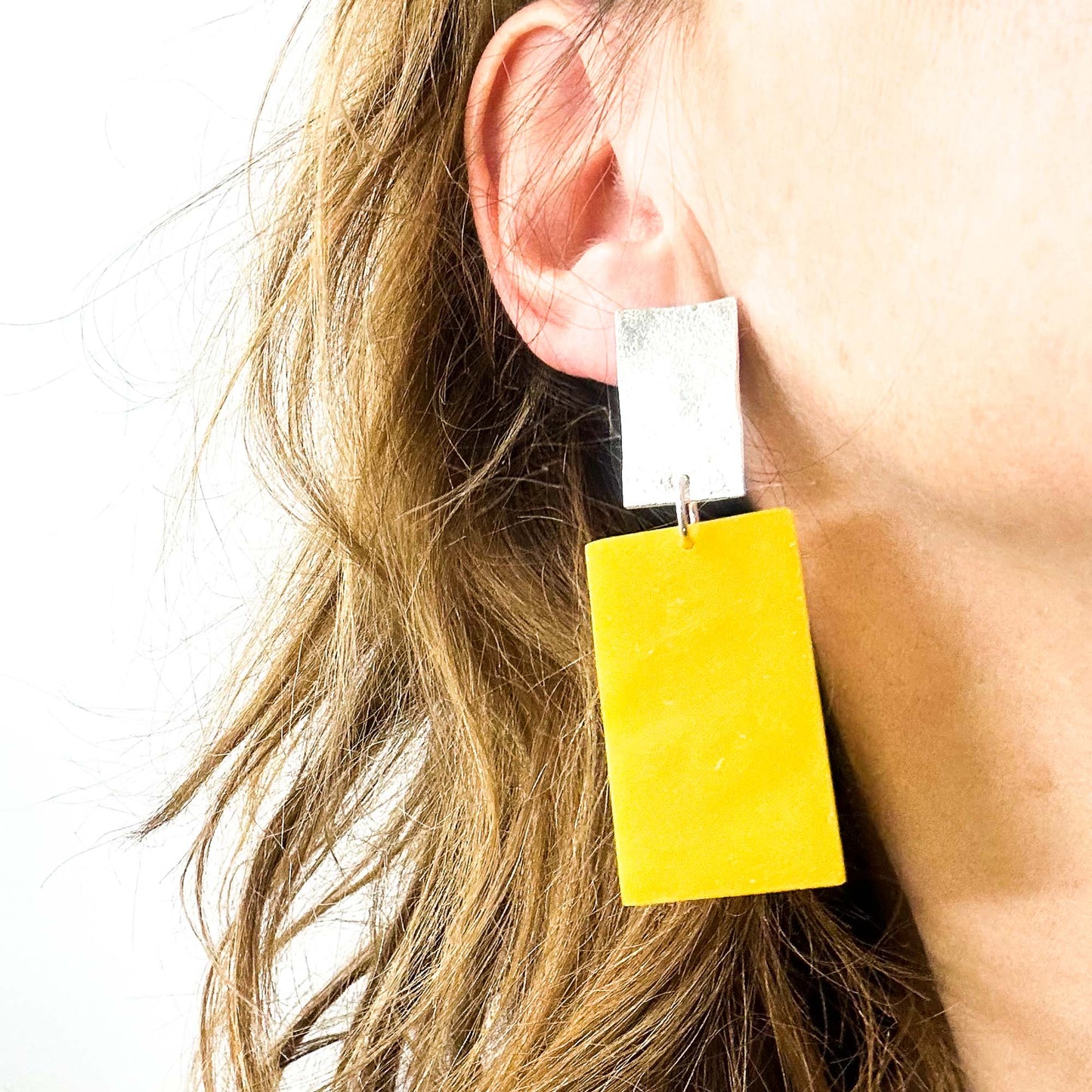 big yellow silver drop earrings • geometric earrings
