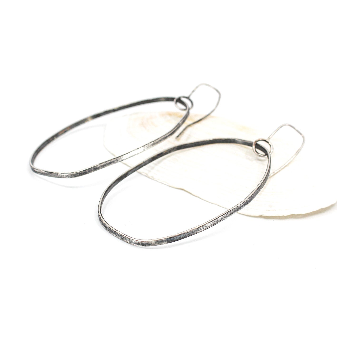 large minimalist dangling silver earrings • textured • eco sterling silver • oxidised